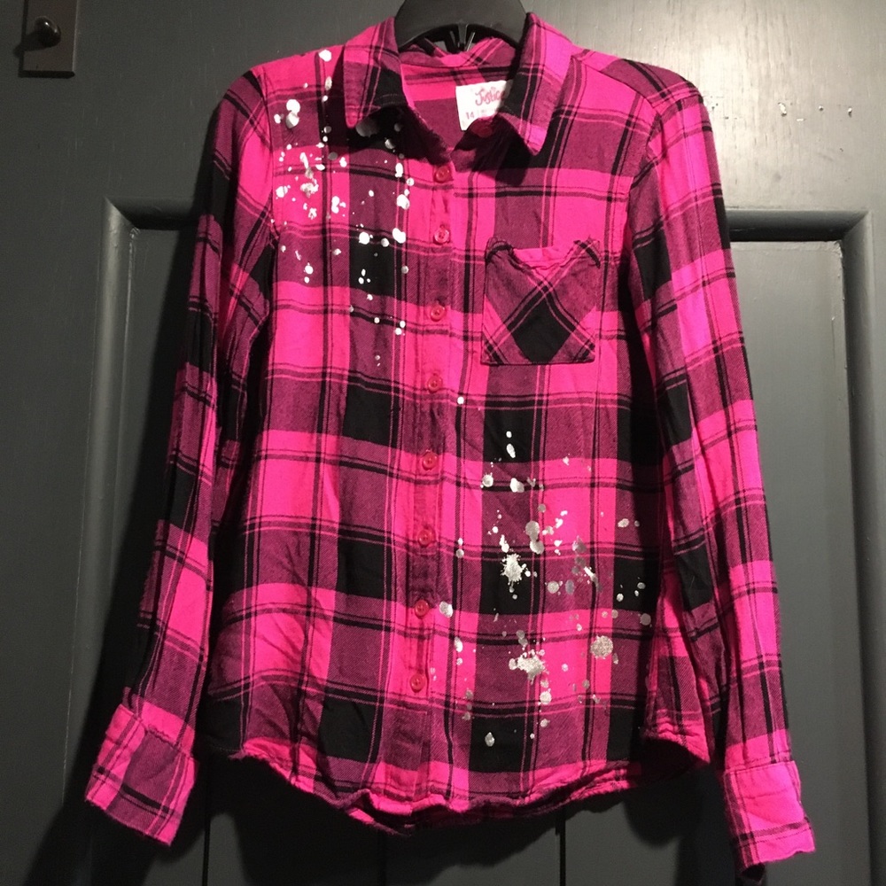 Justice Girls Paint Splatter Checked Button Down